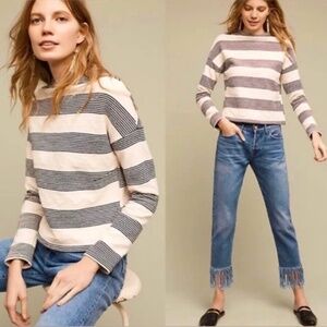 Anthropologie Eri & Ali Navy/ Cream Striped Pullover Sweatshirt, Size  Small